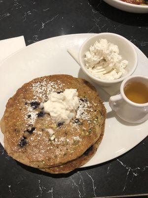 Oat milk pancakes with coconut whip cream at Silver Diner in Reston