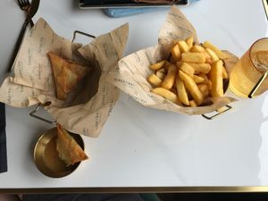 Vegetable (vegan) Samos, comes with mango chutney plus a potion of chips. at Babyccino Coffee & Kitchen  in Tonbridge
