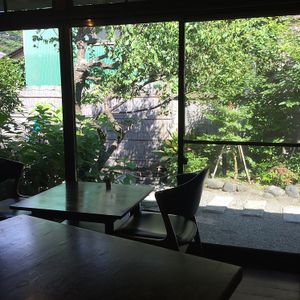 view of garden from inside at Vegetable Cafe Sorafune in Kamakura