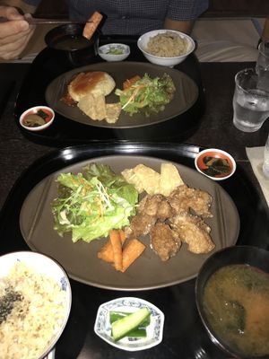 (t,b) tofu burger (a special) and the soy fried meat set (normal menu) at Vegetable Cafe Sorafune in Kamakura