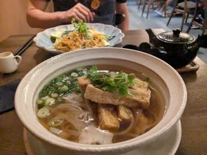 Pho soup (front), Pad Thai, Inger-Lemon tea at An Restaurant in Karlsruhe