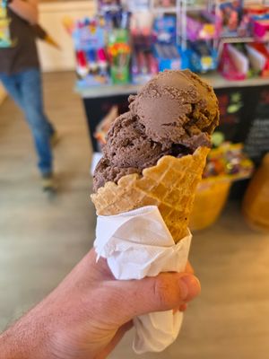 Black raspberry ice cream with a vegan cone at The Saco Scoop in Saco