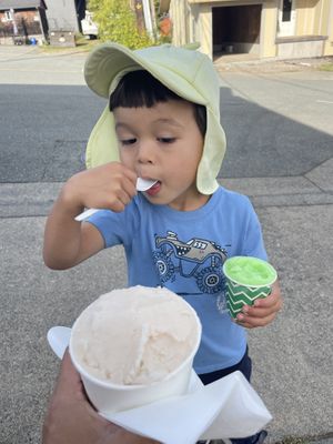 Horchata and sour apple. Plus piña colada! (You get 2 flavors in the regular cup!)  at Mama Crino's Italian Ice in Brookings