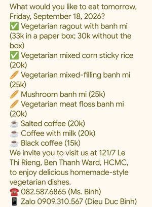 Menu món chay ngày mai 18/9/2026Vegetarian menu for tomorrow, September 18, 2026 at An Tinh Vegan Food  in Ho Chi Minh City