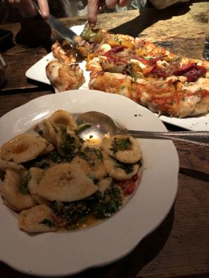 Pasta special and pizza at Adelina's in Brooklyn