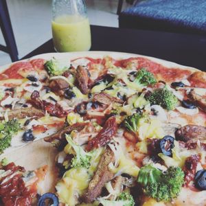 pizza with 5 choice toppings & vegan cheese at vb veganburgers in Gdansk