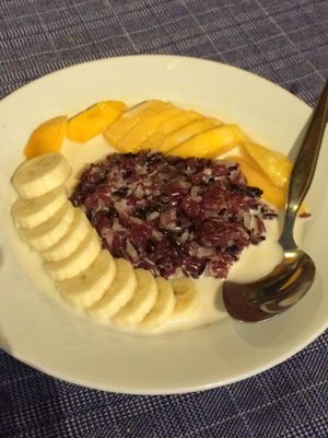 Black Sticky Coconut Rice Dessert with Mango and Banana -- YUM!!! A must try in Thailand!!! ^_^ at May Kaidee Chiang Mai in Chiang Mai