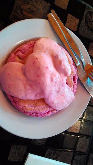Vegan pancake with pink coconut sauce at May Kaidee Chiang Mai in Chiang Mai