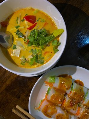 Tom kha and fresh spring rolls  at May Kaidee Chiang Mai in Chiang Mai