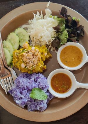 Pumpkin hummus with veggies and sticky rice at May Kaidee Chiang Mai in Chiang Mai