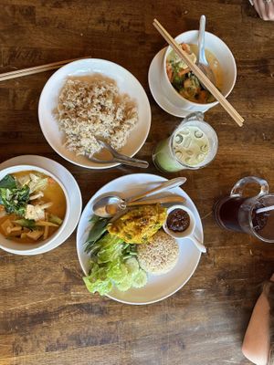 “Fish” Curry, Penang Curry, Pumpkin Hummus, Butterfly Pea Drink, Green Tea with coconut milk   at May Kaidee Chiang Mai in Chiang Mai