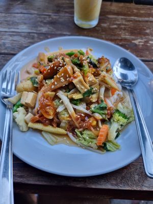 Steam noodles with vegetables and curry peanut sauce at May Kaidee Chiang Mai in Chiang Mai