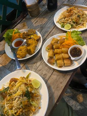 Pad Thai, fish cakes and fried spring rolls  at May Kaidee Chiang Mai in Chiang Mai