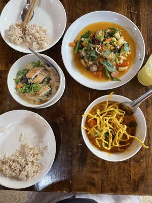 Seitan ‘fish’ curry, laab and Khao Soi  at May Kaidee Chiang Mai in Chiang Mai