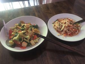 green curry noodles and green papaya salad - super yummy at May Kaidee Chiang Mai in Chiang Mai