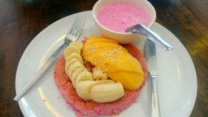 pink pancake,  ( I believe made out of dragonfruit)   at May Kaidee Chiang Mai in Chiang Mai