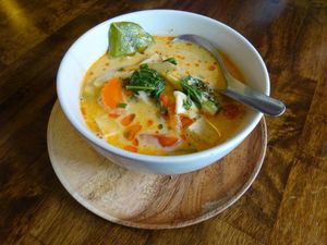 tom yum coconut soup from cooking course at May Kaidee Chiang Mai in Chiang Mai