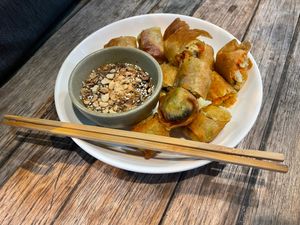 awesome spring rolls and dipping sauce at May Kaidee Chiang Mai in Chiang Mai