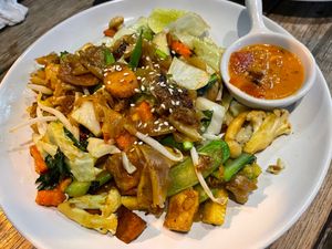 wonderful noodle dish with vegan sausage at May Kaidee Chiang Mai in Chiang Mai