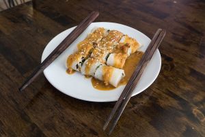 Spring rolls peanuts sauce at May Kaidee Chiang Mai in Chiang Mai