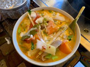 Tom Yam soup that we made at the cooking school at May Kaidee Chiang Mai in Chiang Mai