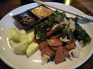Vegetarian sausage with peanut sauce at May Kaidee Chiang Mai in Chiang Mai