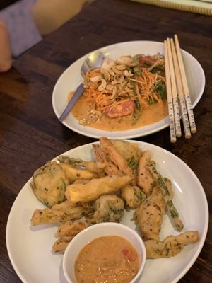 Banana flower salad and tempura vegetables with peanut dip at May Kaidee Chiang Mai in Chiang Mai