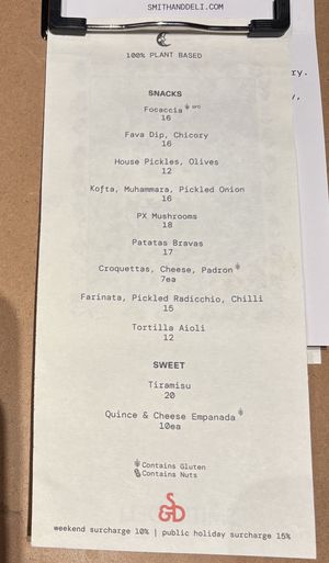 Tapa menu   at Smith & Deli CBD in Melbourne