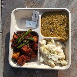 market plate with daal, crispy tofu, cheesy cauliflower bake at Smith & Deli CBD in Melbourne