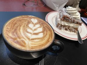 Soy cappuccino with lovely latte art   at Smith & Deli CBD in Melbourne