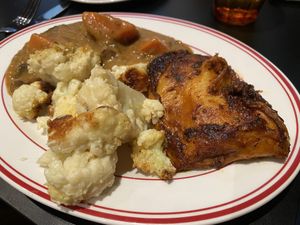 3-part hot dish: peri peri “chicken” fillet, mushroom bourguignon, and cauliflower cheese bake.  at Smith & Deli CBD in Melbourne