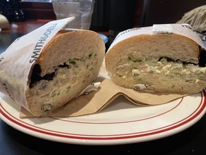 ‘Nobody Calls Me Chicken’ sandwich $17-
‘Cos lettuce, “chicken”, apple, celery, ranch, on a sourdough roll. Very tasty, but expensive! 😬  at Smith & Deli CBD in Melbourne