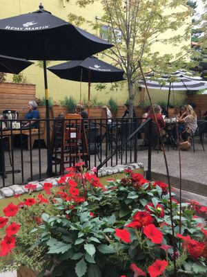 Outdoor seasonal seating in the back patio  at French Meadow Bakery & Cafe in St Paul