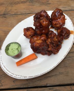 Earth Wings – the flash-fried cauliflower made each bite nice and crispy, and the house-made organic sesame BBQ sauce was spot on. So good. at French Meadow Bakery & Cafe in St Paul