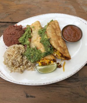 Breakfast Tacos – a wonderful chef-crafted combination of flavors and textures inside crispy white corn tortillas. Loved every bite. at French Meadow Bakery & Cafe in St Paul