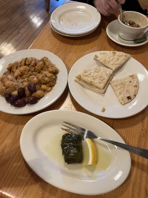 Yigantes and a single stuffed grape leaf   at Gardens of Salonica in Minneapolis