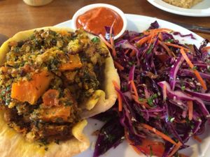 Mushroom pie and salad at Pranah Cafe in Wellington