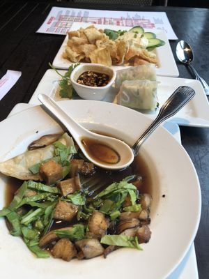 Potsticker soup, spring roll, jalapeño hummus at Ginger Hop in Minneapolis