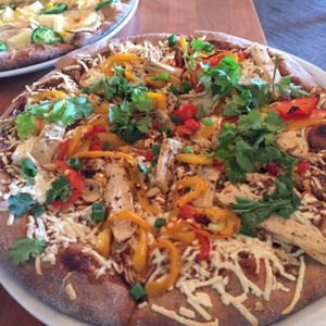 Thai peanut pizza with Beyond Meat chicken and Daiya mozzarella.  at Picazzo's Healthy Italian Kitchen in Scottsdale