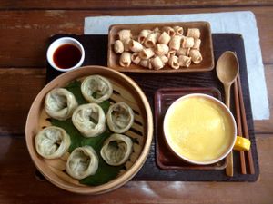dumplings and pumpkin latte  at Dajeon Cafe in Busan