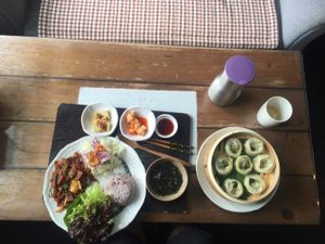 vegan bulgogi and dumplings at Dajeon Cafe in Busan