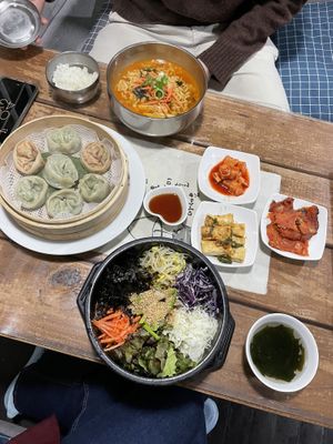 Ramen, dumpling and bibimbap  at Dajeon Cafe in Busan