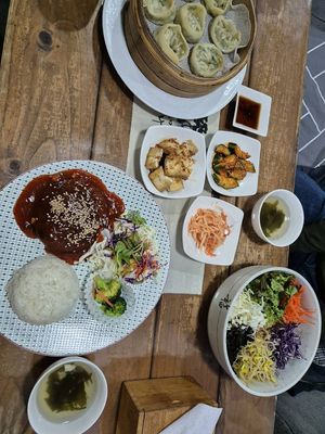 Soybean steak, steamed dumplings and bibimbap  at Dajeon Cafe in Busan