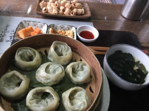 Steamed veg mandoo dumplings~ at Dajeon Cafe in Busan