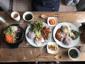 L to R: Bibimbap, wheat bulgogi, beansteak at Dajeon Cafe in Busan