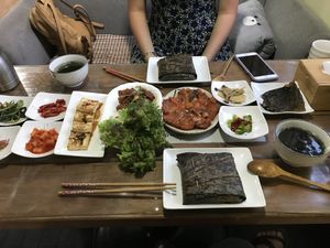 Lotus meal: includes kimchi pajeon, wheat bulgogi, and lotus-cooked rice at Dajeon Cafe in Busan