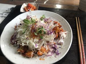 Spicy ‘chicken’ dish at Dajeon Cafe in Busan