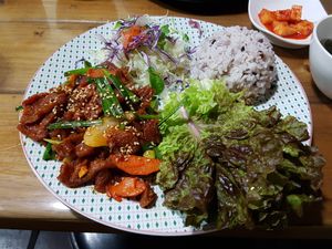 Soy protein and rice at Dajeon Cafe in Busan