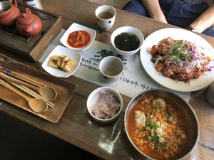 Vegetable Ramen with dumplings & fake chicken dish at Dajeon Cafe in Busan
