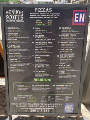 Pizza menu (vegan pizzas at the bottom )  at SENHOR SCOTT'S PIZZARIA ARTESANAL in Quarteira